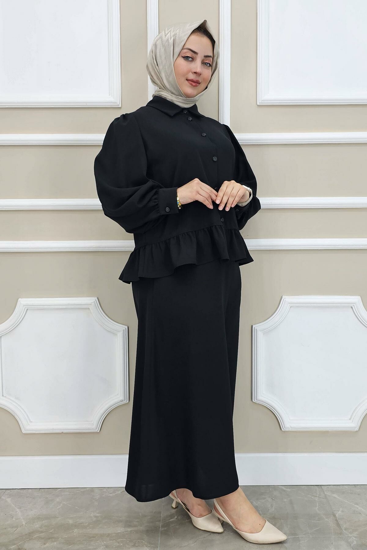 PYS KADIN FIRFIR DETAYLI ETEKLİ TESETTÜR TAKIM SİYAH - 3 BEDEN