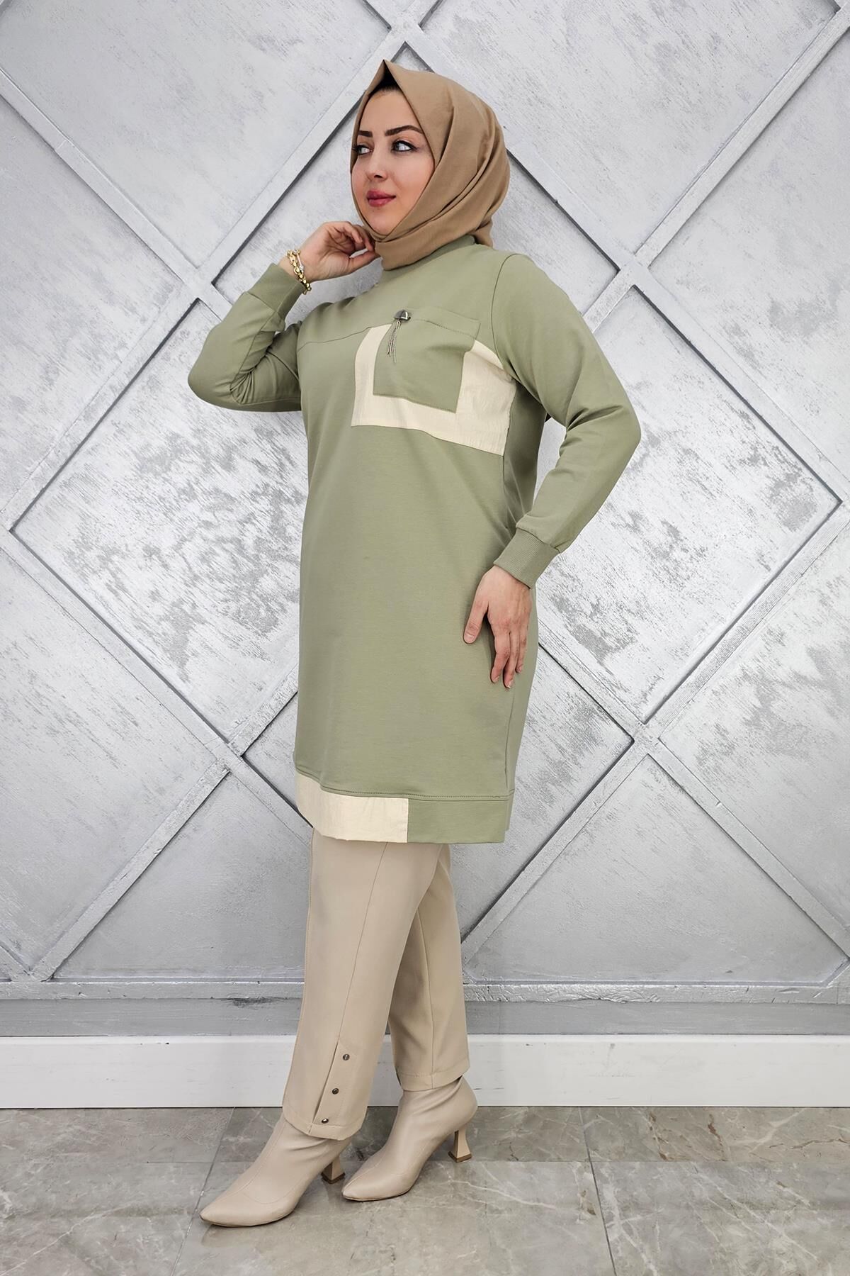 KADIN SALLANTI AKSESUAR DETAY VE KOMBİNLİ TESETTÜR TUNİK MİNT YEŞİLİ - 5 BEDEN