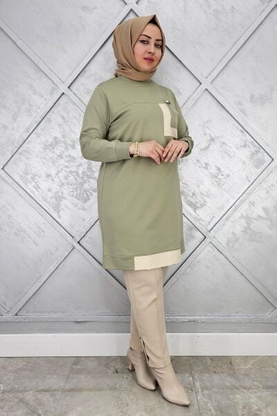 KADIN SALLANTI AKSESUAR DETAY VE KOMBİNLİ TESETTÜR TUNİK MİNT YEŞİLİ - 5 BEDEN
