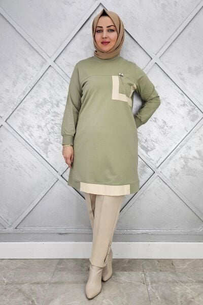 KADIN SALLANTI AKSESUAR DETAY VE KOMBİNLİ TESETTÜR TUNİK MİNT YEŞİLİ - 5 BEDEN