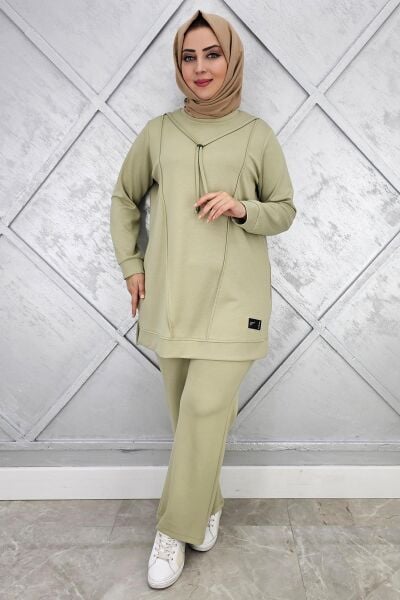 KADIN NERVÜR DİKİM ARMA DETAYLI TESETTÜR TAKIM YEŞİL - L