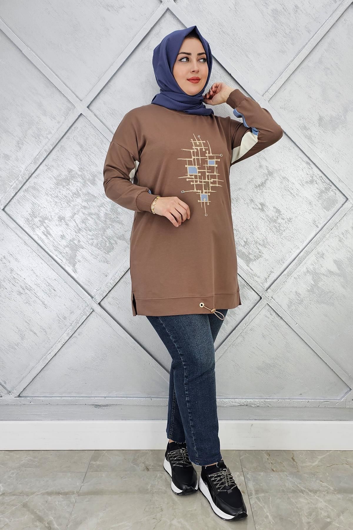 KADIN BASKI DETAYLI TESETTÜR TUNİK VİZON - 5 BEDEN