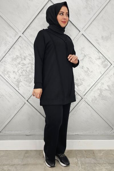 KADIN NERVÜR DİKİM ARMA DETAYLI TESETTÜR TAKIM SİYAH - L