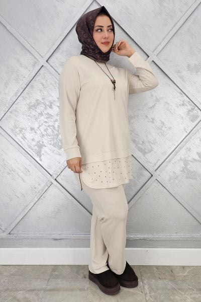 KADIN KOLYE VE TAŞ DETAYLI TESETTÜR TAKIM TAŞ - 3 BEDEN