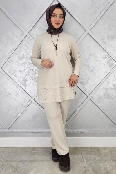 KADIN KOLYE VE TAŞ DETAYLI TESETTÜR TAKIM TAŞ - 3 BEDEN