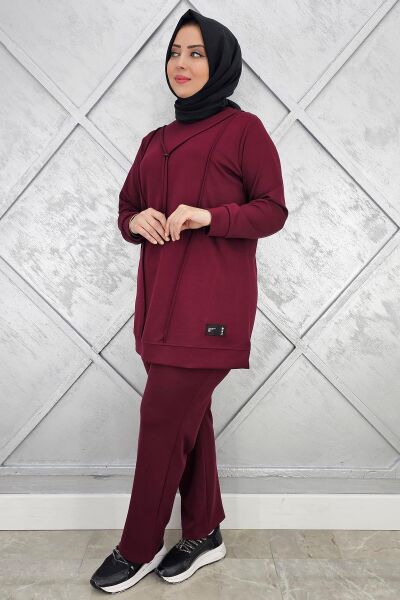 KADIN NERVÜR DİKİM ARMA DETAYLI TESETTÜR TAKIM BORDO - 2XL