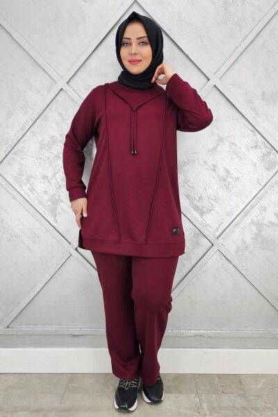 KADIN NERVÜR DİKİM ARMA DETAYLI TESETTÜR TAKIM BORDO - 2XL