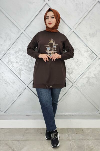 KADIN BASKI DETAYLI TESETTÜR TUNİK KAHVERENGİ - 4 BEDEN