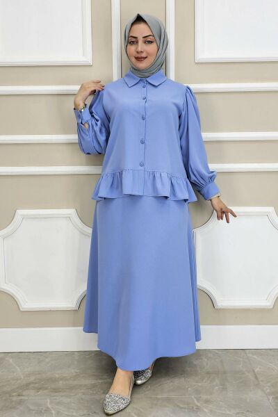 PYS KADIN FIRFIR DETAYLI ETEKLİ TESETTÜR TAKIM MAVİ - 2 BEDEN