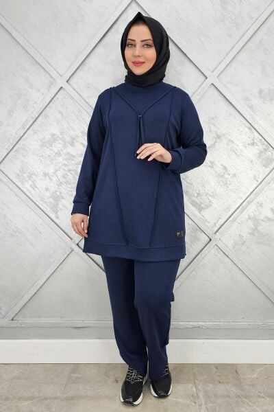 KADIN NERVÜR DİKİM ARMA DETAYLI TESETTÜR TAKIM LACİVERT - L