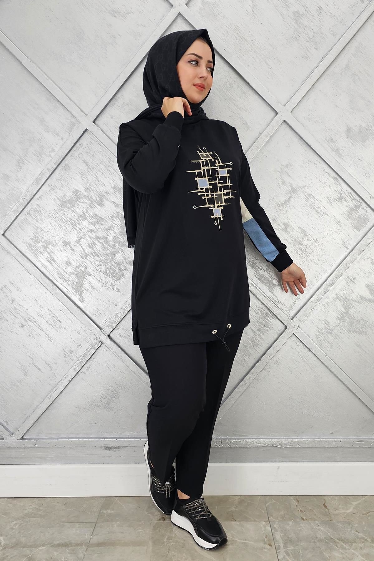 KADIN BASKI DETAYLI TESETTÜR TUNİK SİYAH - 5 BEDEN