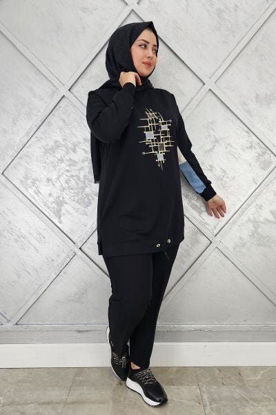 KADIN BASKI DETAYLI TESETTÜR TUNİK SİYAH - 5 BEDEN