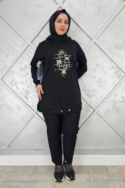 KADIN BASKI DETAYLI TESETTÜR TUNİK SİYAH - 5 BEDEN