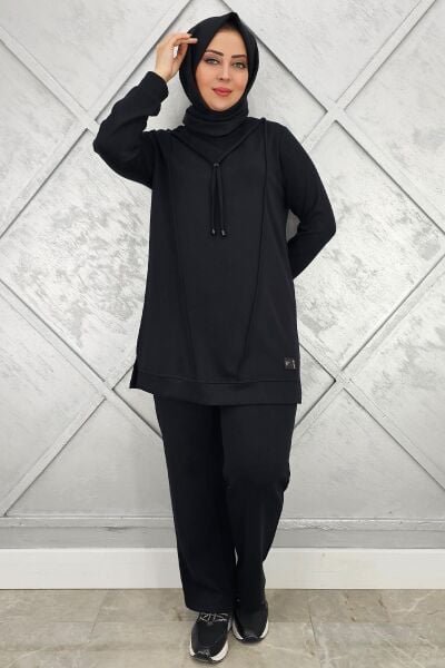 KADIN NERVÜR DİKİM ARMA DETAYLI TESETTÜR TAKIM SİYAH - 3XL