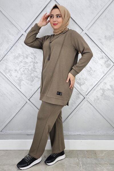 KADIN NERVÜR DİKİM ARMA DETAYLI TESETTÜR TAKIM HAKİ - L