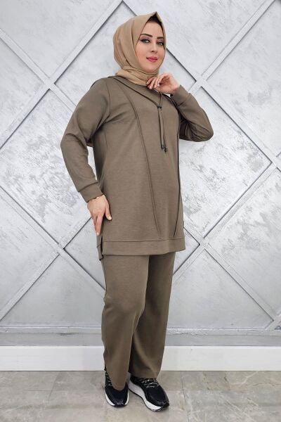 KADIN NERVÜR DİKİM ARMA DETAYLI TESETTÜR TAKIM HAKİ - L