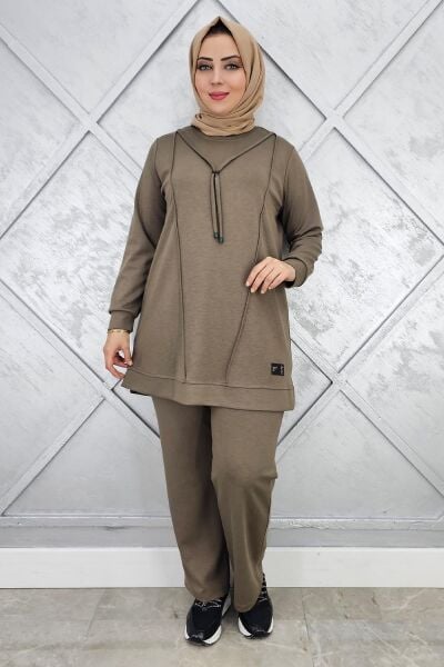 KADIN NERVÜR DİKİM ARMA DETAYLI TESETTÜR TAKIM HAKİ - L