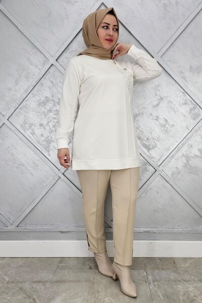 KADIN TAŞ VE DÜĞME DETAYLI TESETTÜR TUNİK EKRU - 2XL