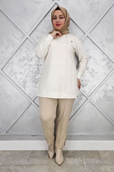 KADIN TAŞ VE DÜĞME DETAYLI TESETTÜR TUNİK EKRU - 2XL