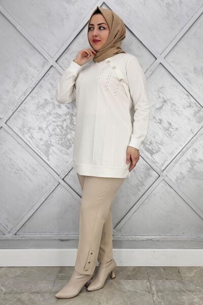 KADIN TAŞ VE DÜĞME DETAYLI TESETTÜR TUNİK EKRU - 2XL