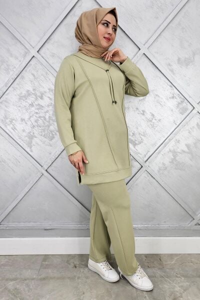 KADIN NERVÜR DİKİM ARMA DETAYLI TESETTÜR TAKIM YEŞİL - 3XL