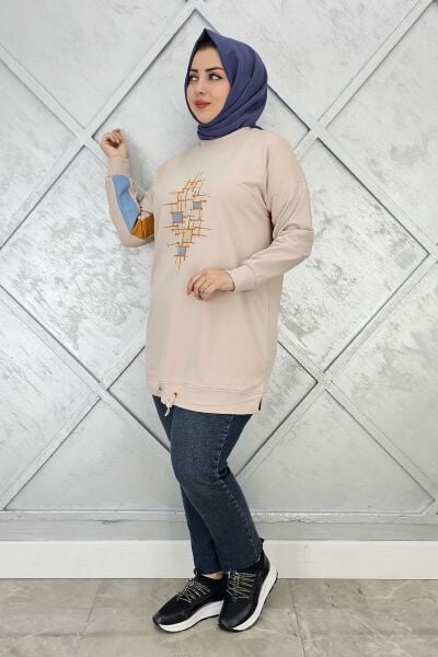 KADIN BASKI DETAYLI TESETTÜR TUNİK BEJ - 5 BEDEN