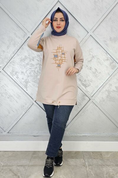 KADIN BASKI DETAYLI TESETTÜR TUNİK BEJ - 5 BEDEN