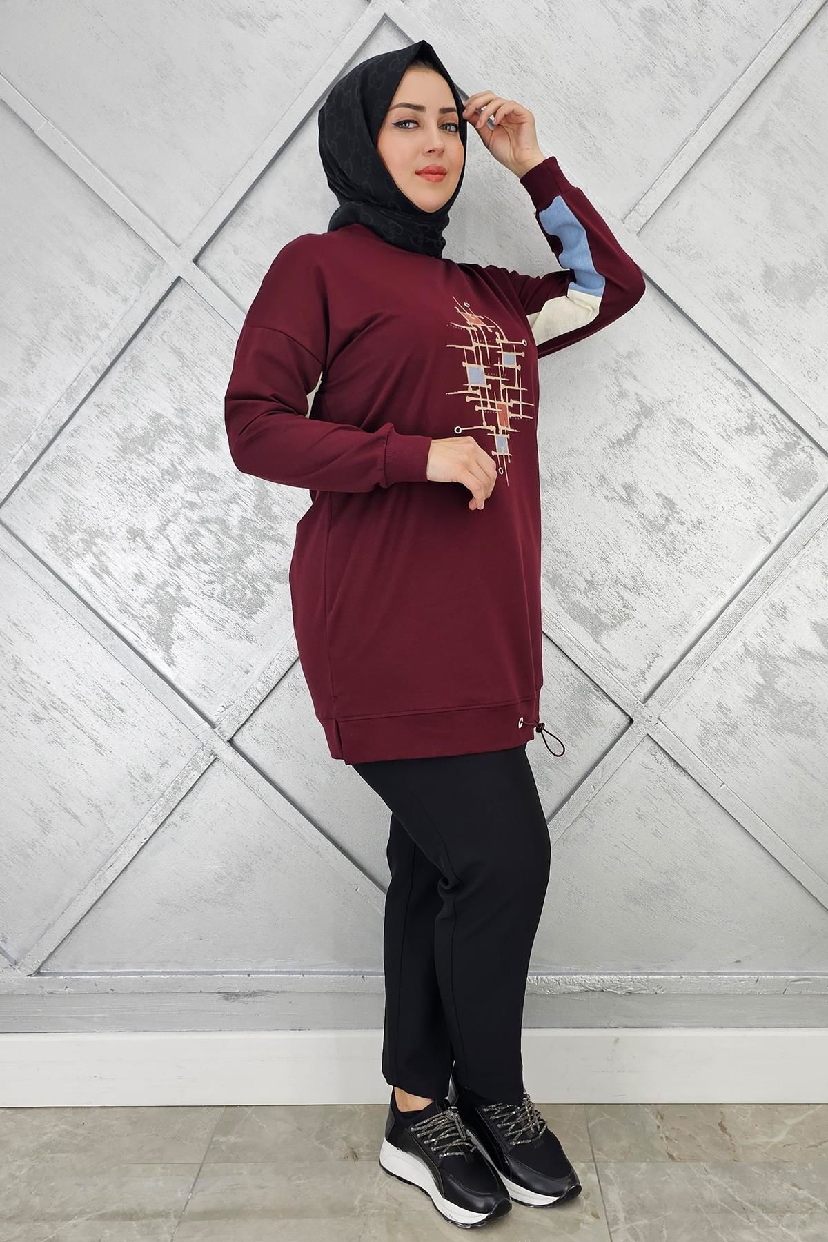 KADIN BASKI DETAYLI TESETTÜR TUNİK BORDO - 2 BEDEN