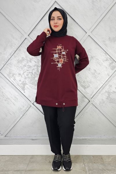 KADIN BASKI DETAYLI TESETTÜR TUNİK BORDO - 2 BEDEN