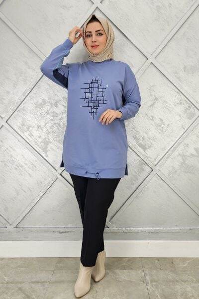 KADIN BASKI DETAYLI TESETTÜR TUNİK MAVİ - 2 BEDEN