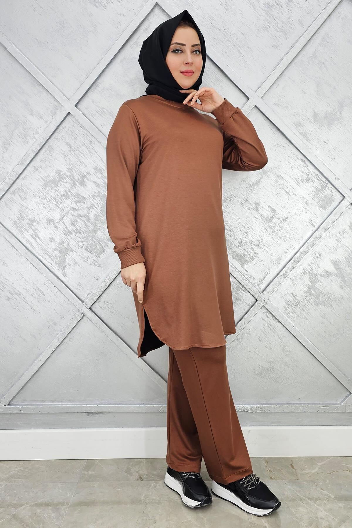KADIN BASİC REÇMELİ TESETTÜR TAKIM SÜTLÜ KAHVE - 4 BEDEN