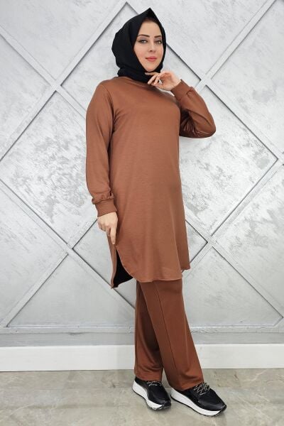 KADIN BASİC REÇMELİ TESETTÜR TAKIM SÜTLÜ KAHVE - 4 BEDEN