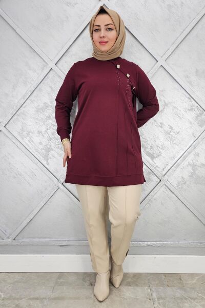 KADIN TAŞ VE DÜĞME DETAYLI TESETTÜR TUNİK BORDO - 2XL