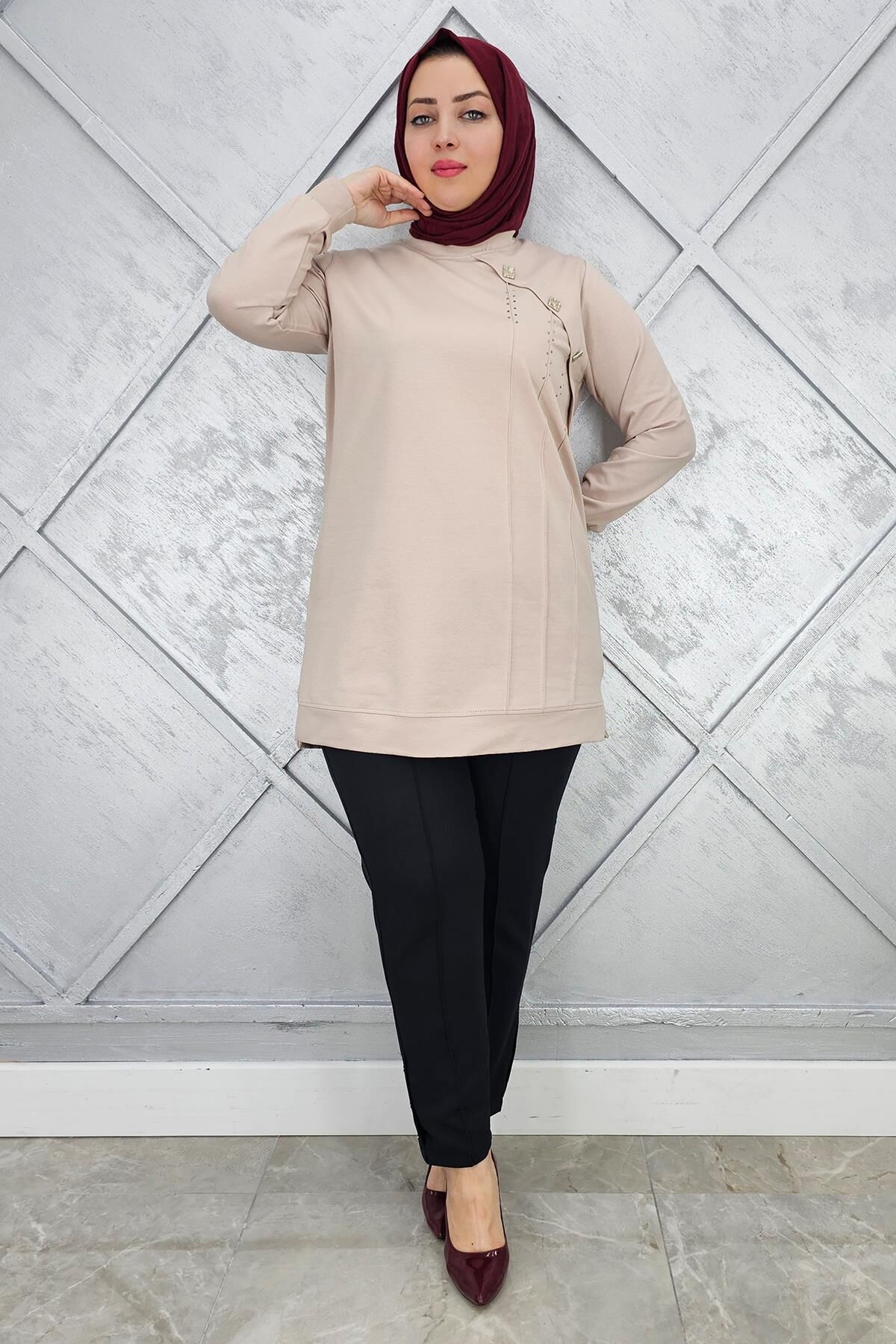 KADIN TAŞ VE DÜĞME DETAYLI TESETTÜR TUNİK BEJ - XL