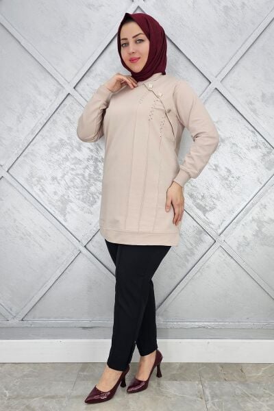 KADIN TAŞ VE DÜĞME DETAYLI TESETTÜR TUNİK BEJ - XL