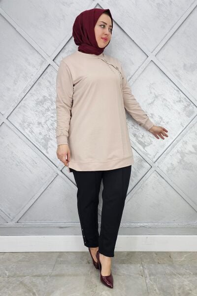 KADIN TAŞ VE DÜĞME DETAYLI TESETTÜR TUNİK BEJ - XL