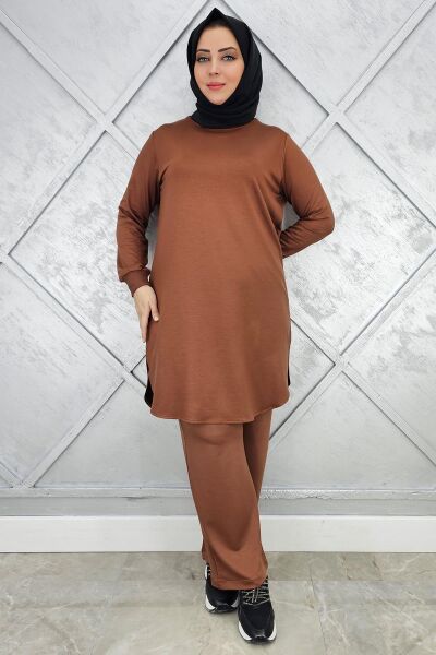 KADIN BASİC REÇMELİ TESETTÜR TAKIM KAHVERENGİ - 4 BEDEN
