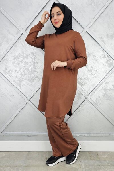 KADIN BASİC REÇMELİ TESETTÜR TAKIM KAHVERENGİ - 4 BEDEN