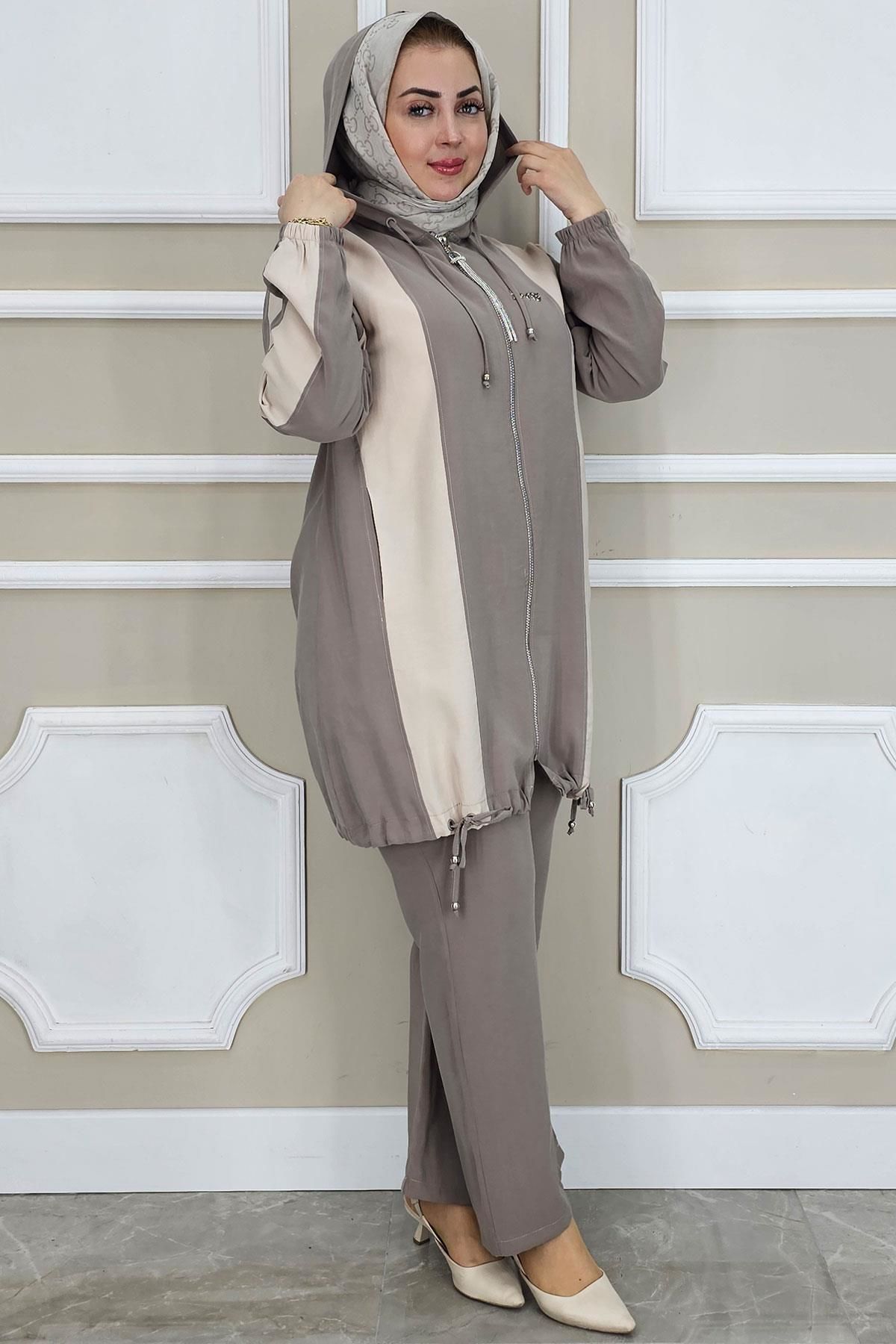 PYS KADIN DİKME DETAYLI KAPÜŞONLU TESETTÜR TAKIM VİZON - 3 BEDEN