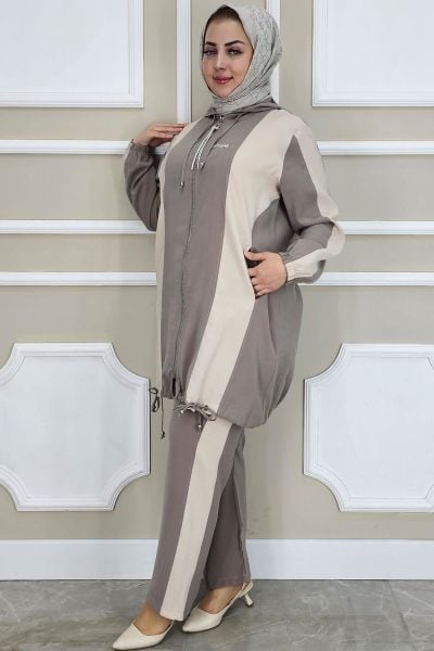 PYS KADIN DİKME DETAYLI KAPÜŞONLU TESETTÜR TAKIM VİZON - 3 BEDEN