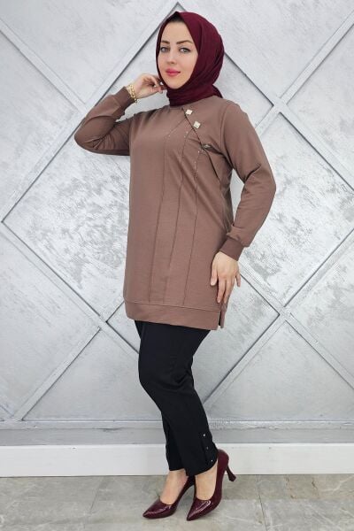 KADIN TAŞ VE DÜĞME DETAYLI TESETTÜR TUNİK VİZON - 3XL