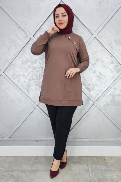 KADIN TAŞ VE DÜĞME DETAYLI TESETTÜR TUNİK VİZON - 3XL