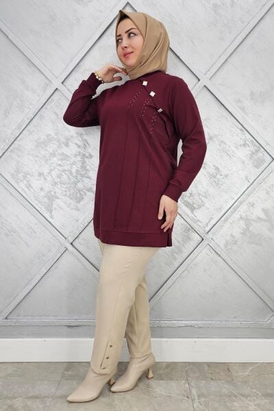 KADIN TAŞ VE DÜĞME DETAYLI TESETTÜR TUNİK BORDO - 3XL