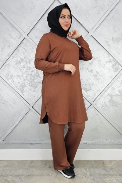 KADIN BASİC REÇMELİ TESETTÜR TAKIM KAHVERENGİ - 5 BEDEN