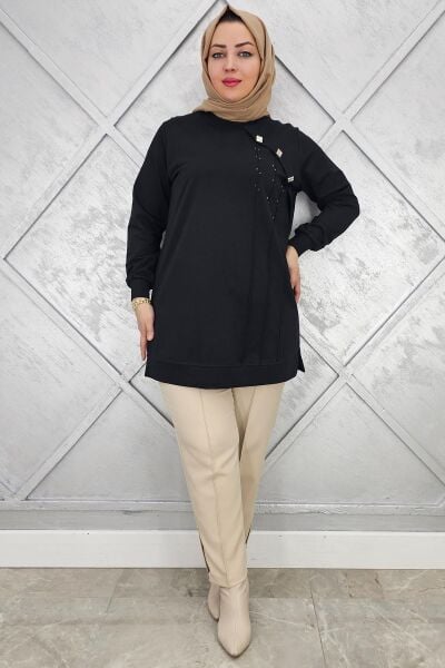 KADIN TAŞ VE DÜĞME DETAYLI TESETTÜR TUNİK SİYAH - L