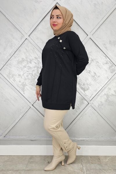 KADIN TAŞ VE DÜĞME DETAYLI TESETTÜR TUNİK SİYAH - L