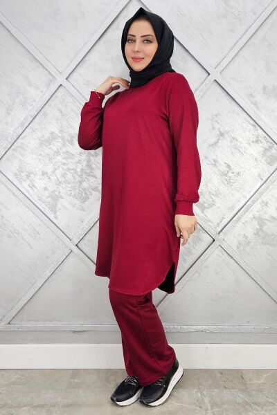 KADIN BASİC REÇMELİ TESETTÜR TAKIM BORDO - 4 BEDEN