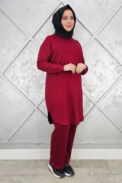KADIN BASİC REÇMELİ TESETTÜR TAKIM BORDO - 4 BEDEN