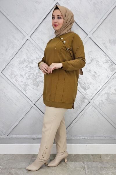 KADIN TAŞ VE DÜĞME DETAYLI TESETTÜR TUNİK YAĞ YEŞİLİ - L