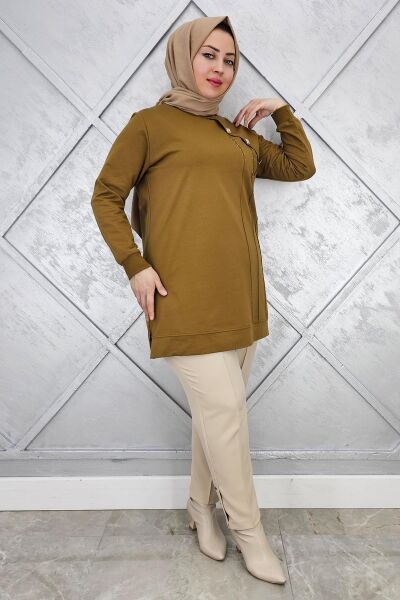 KADIN TAŞ VE DÜĞME DETAYLI TESETTÜR TUNİK YAĞ YEŞİLİ - L